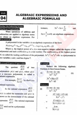 9th Mathematics Chapter-4 (Algebraic Expressions & Algebraic Formulas) PDF Notes