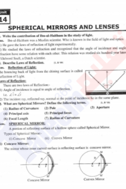 10th Physics Chapter 14 "Spherical Mirrors and Lenses" PDF Notes