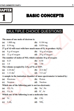 11th Class (Inter-I) Chemistry Full Book MCQs with Answer Key (Updated)
