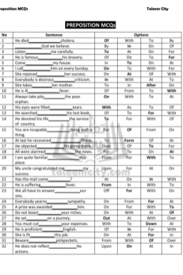 12th (Inter Part-2) English all Prepositions MCQs in PDF