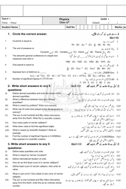 9th Physics Chapter Wise Test Papers (ALP)