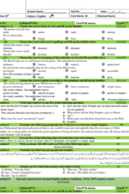 10th English Chapter Wise Test Papers (ALP 2021)