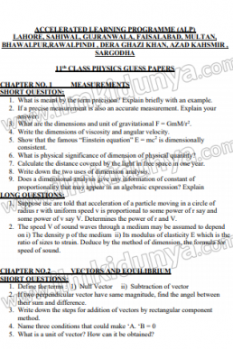 11th Class Physics Guess Paper ALP 2021 Punjab