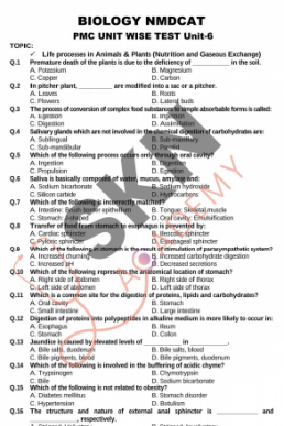 Nutrition & Gasesous Exchange 300 MCQs for NMDCAT (Biology)