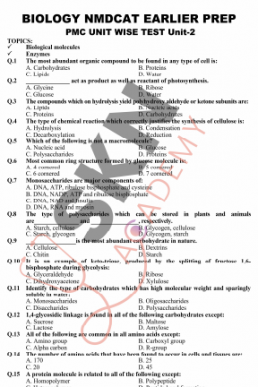 Biological Molecule & Enzymes 600 MCQs Worksheet for NMDCAT (Biology)
