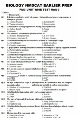 Bioenergetics 425 MCQs Worksheet for NMDCAT (Biology)