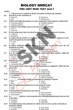 Topic: Transport 600 MCQs for NMDCAT (Biology)