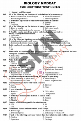 Support & Movement 600 MCQs for NMDCAT (Biology)