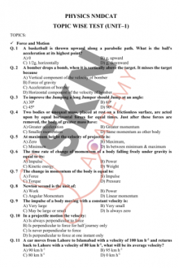 Force and Motion 310 MCQs for NMDCAT (Physics)