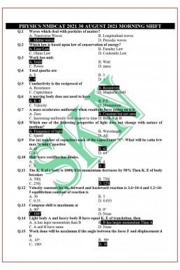 NMDCAT 2021 August 30th (Morning) Physics MCQs