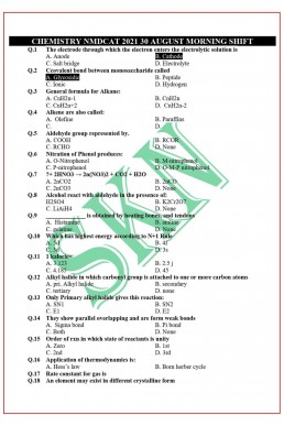 30 August 2021 Morning Shift Chemistry MCQs NMDACT 2021