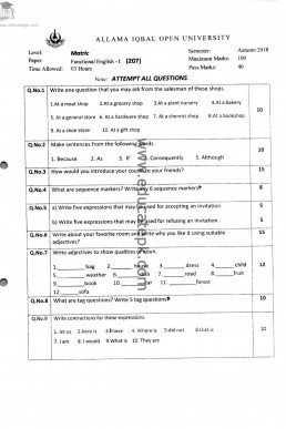 AIOU Code 207 Past Paper Autumn 2018 PDF