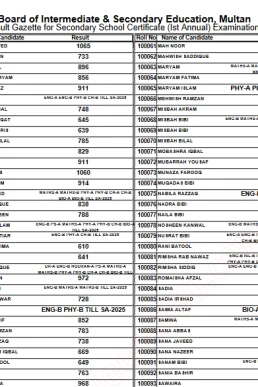 10th Class BISE Multan Board Result Gazette 2024 PDF