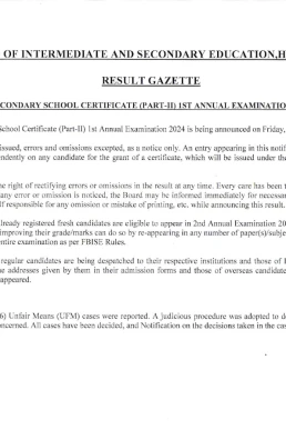 FBISE Federal Board 10th Class Result Gazette 2024 PDF