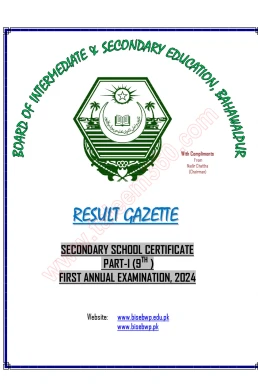 BISE Bahawalpur Board 9th Class Result Gazette 2024 PDF