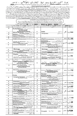 Matric 1st Annual Exams Date Sheet 2025 PDF BISE Lahore