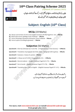 10th Class English Pairing Scheme 2025 PDF for Punjab Boards