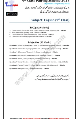 9th Class English Pairing Scheme 2025 PDF for Punjab Boards