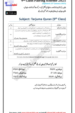 9th Class Tarjuma Tul Quran Pairing Scheme 2025 PDF