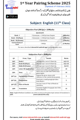 1st Year English Pairing Scheme 2025 PDF - Punjab Boards