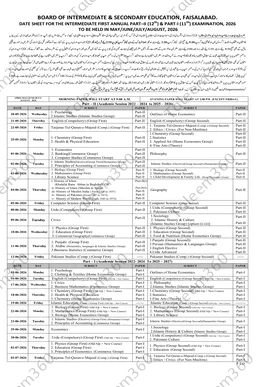 11th & 12th Class Date Sheet 2026 for All Punjab Boards