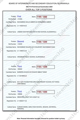 10th Class Gujranwala Board Position Holders 2024 PDF