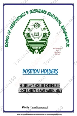 Bahawalpur Board Matric Result 2024 Position Holders PDF