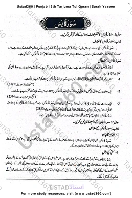 9th Class Tarjuma Quran Chap 15 Surah Yaseen Notes PDF