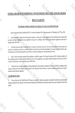 Federal Board FBISE SSC 10th Class Result Gazette 2026 PDF