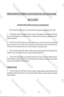 FBISE 9th Class Result Gazette 2026 PDF - Federal Board SSC Part 1