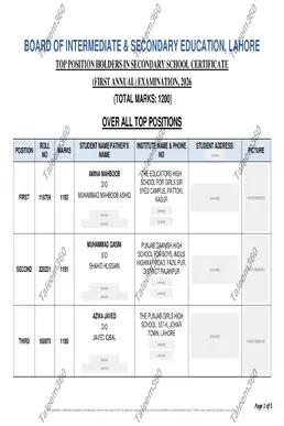 BISE Lahore Matric Position Holders 2026 PDF - 10th Class Toppers