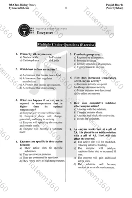 9th Class Biology Notes Chapter 7 MCQs PDF - Enzymes