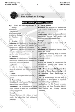9th Class Biology Notes Chapter 1 Short Questions PDF - The Science of Biology
