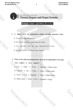 9th Class Biology Notes Chapter 5 MCQs PDF - Tissues, Organs and Organ Systems