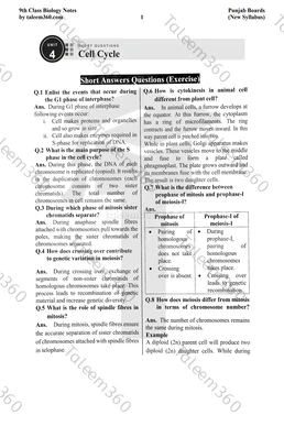 9th Class Biology Notes Chapter 4 Short Questions PDF - Cell Cycle