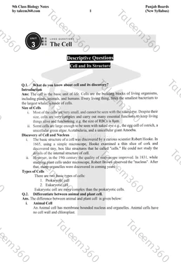 9th Class Biology Notes Chapter 3 Long Questions PDF - The Cell