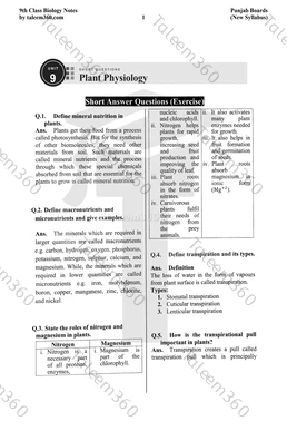 9th Class Biology Notes Chapter 9 Short Questions PDF - Plant Physiology