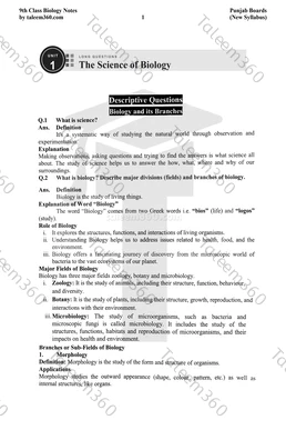 9th Class Biology Notes Chapter 1 Long Questions PDF - The Science of Biology