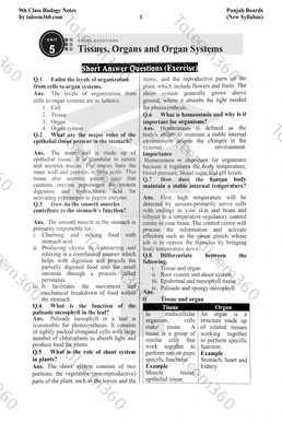 9th Class Biology Notes Chapter 5 Short Questions PDF - Tissues, Organs and Organ Systems