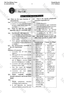 9th Class Biology Notes Chapter 3 Short Questions PDF - The Cell