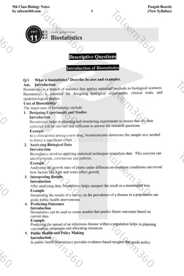 9th Class Biology Notes Chapter 11 Long Questions PDF - Biostatistics