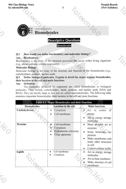 9th Class Biology Notes Chapter 6 Long Questions PDF - Biomolecules
