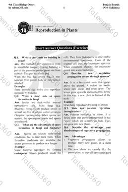 9th Class Biology Notes Chapter 10 Short Questions PDF - Reproduction in Plants