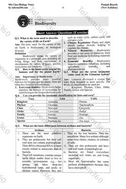 9th Class Biology Notes Chapter 2 Short Questions PDF - Biodiversity