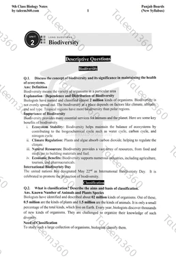 9th Class Biology Notes Chapter 2 Long Questions PDF - Biodiversity