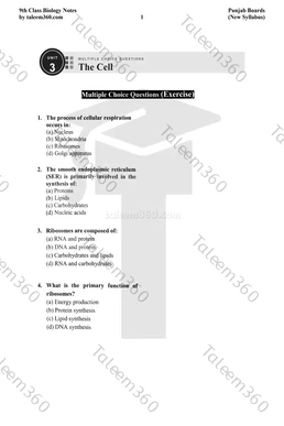 9th Class Biology Notes Chapter 3 MCQs PDF - The Cell
