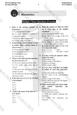 9th Class Biology Notes Chapter 11 MCQs PDF - Biostatistics