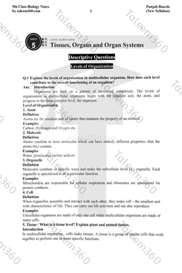 9th Class Biology Notes Chapter 5 Long Questions PDF - Tissues, Organs and Organ Systems