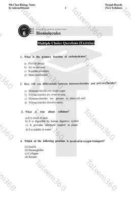 9th Class Biology Notes Chapter 6 MCQs PDF - Biomolecules