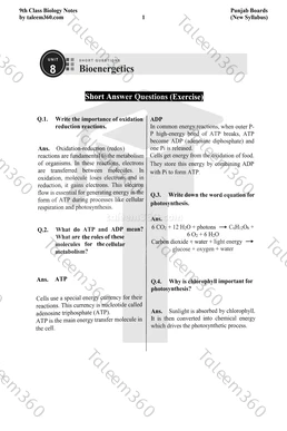 9th Class Biology Notes Chapter 8 Short Questions PDF - Bioenergetics